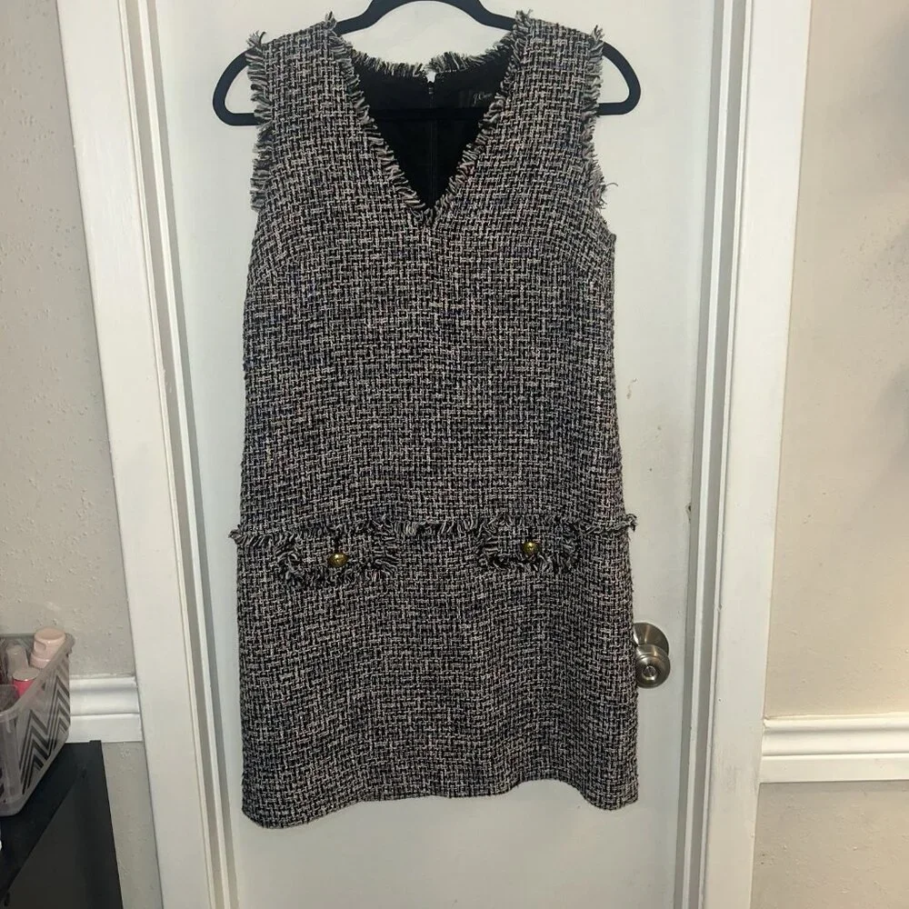 J.Crew Multicolored Metallic Tweed  V-neck Fringed Career Chic Sheath Dress Sz 4